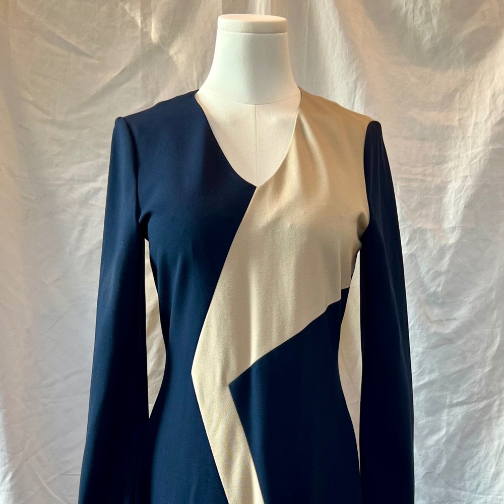The Fold London Octavia Dress, Stretch Ponte in Navy & Stone, US 6